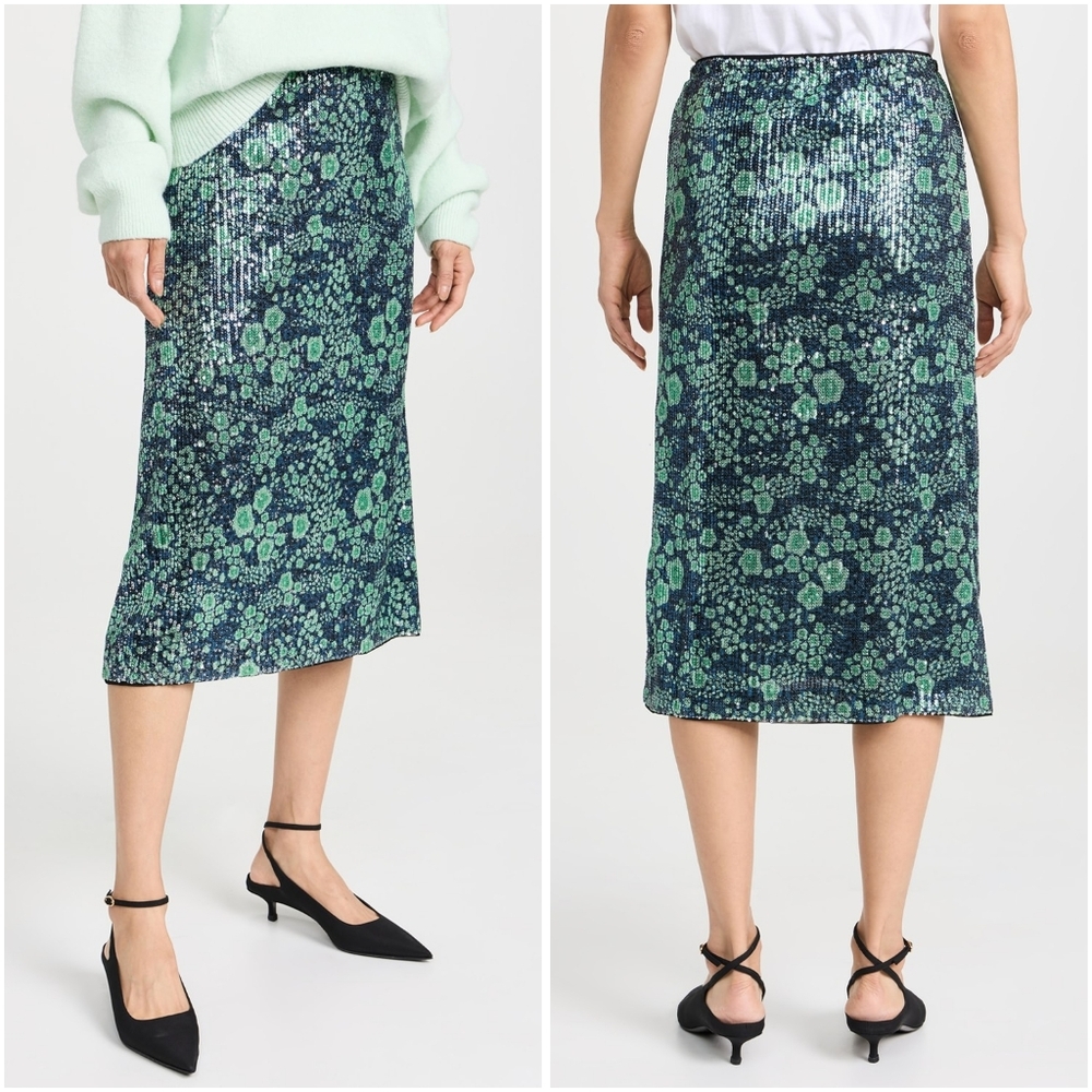 Baum Und Pferdgarten Jolette Midi Skirt in Green Sequin Flower Medium